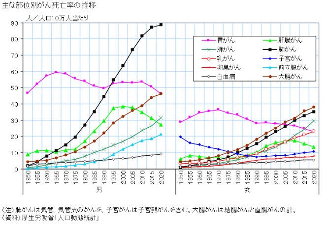 主な部位別がん死亡率の推移（1950〜2020年）。男女別に胃がん・肺がん・大腸がんなどの推移を示したグラフ。