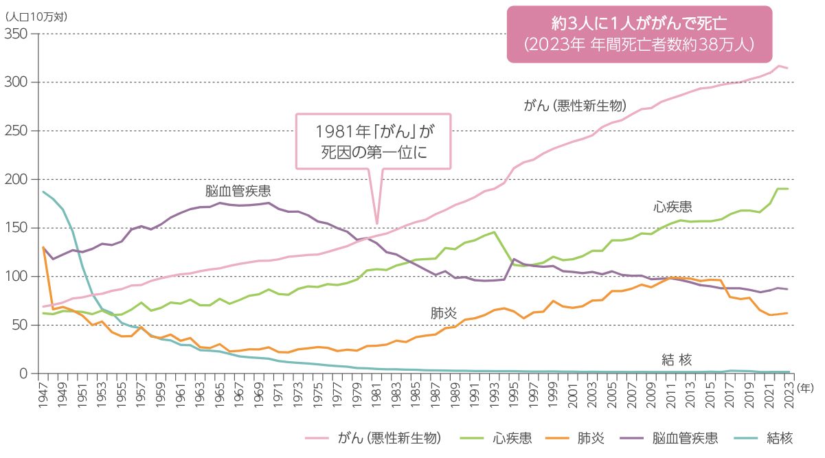 日本の主な死因別死亡率の推移（1947〜2023年）。1981年にがんが死因の第一位となり、2023年は約3人に1人ががんで死亡。